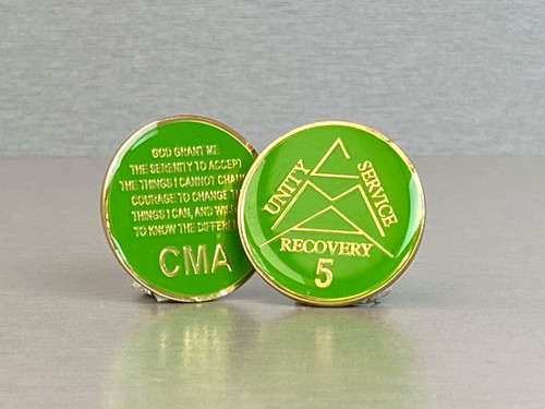 5 (Five) Year anniversary gold plated medallion with green color enamel and epoxy coating.