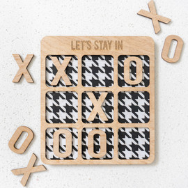 Let's Stay In Wooden Tic Tac Toe Board - Houndstooth