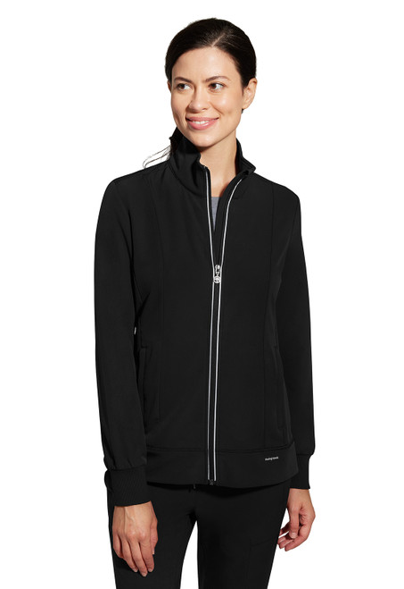 The 360 Carly Jacket (5068) is a stylish, functional addition to medical uniforms. It features long sleeves, a stand-up collar, 27" back length, and multiple pockets, ideal for nurses in clinical settings.