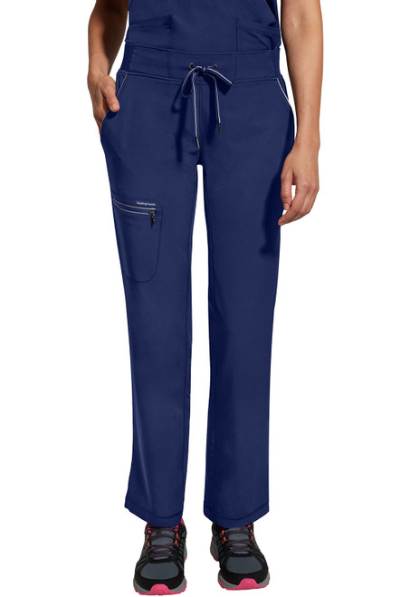 The 360 Nisha Pant offers a mid-rise straight leg, ideal for medical uniforms. It has a rib knit waistband with a drawstring and multiple pockets, combining style, function, and comfort in durable fabric.