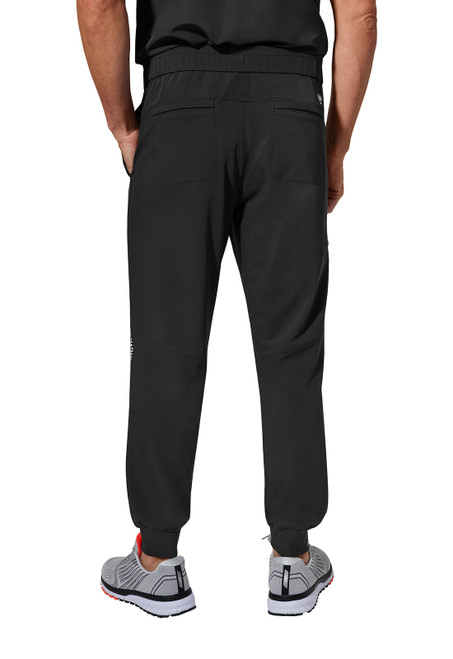 Back view of 360 Nolen Jogger Pant 9172: Mid-rise, elastic waistband, practical pockets. Made from 55% recycled polyester, 37% polyester, 8% spandex for comfort. Ideal for medical uniforms and nurse scrubs.