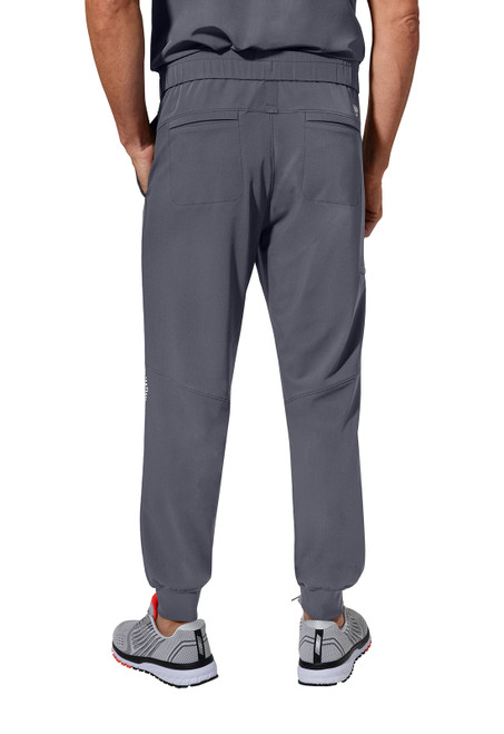 Back view of 360 Nolen Jogger Pant: stylish medical uniform made from 55% recycled polyester, 37% polyester, 8% spandex. Mid-rise joggers with multiple pockets and elastic waistband, combining comfort and practicality for nurse scrubs.