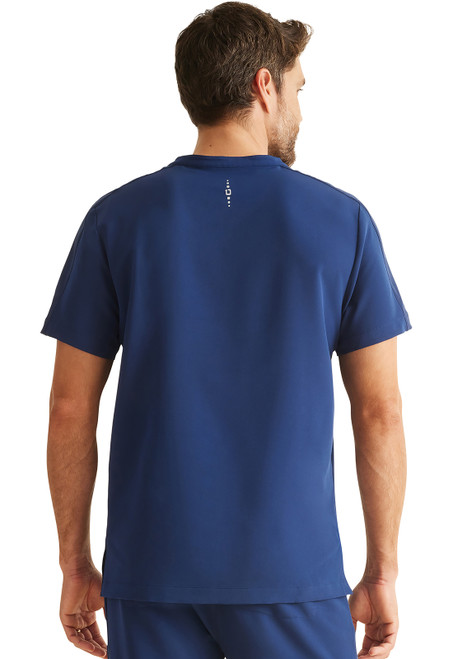 Back of 360 Shane Top HH701: modern scrub with mandarin collar, snap closure, 28.5" back length. Made of 55% recycled polyester, 37% polyester, 8% spandex. Stylish and functional for healthcare professionals.