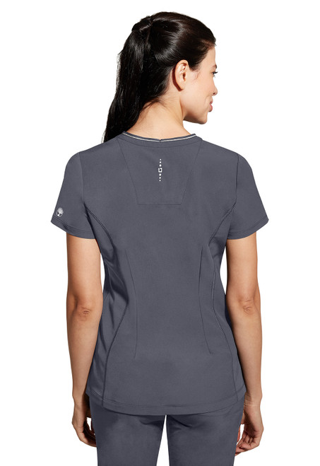 Back view of 360 Sonia Top: V-neck, short sleeves, 55% recycled polyester. Includes patch pockets and a cell phone pocket. Ideal for nurse scrubs.