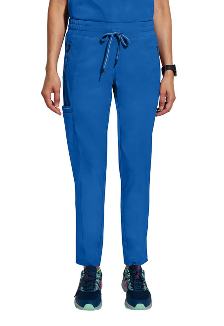 The 360 Petite Niko Pant is a stylish mid-rise narrow leg medical uniform with a 28" inseam, elastic waistband, drawstring, cargo, and zip pockets. Made of 55% recycled polyester, 37% polyester, and 8% spandex for comfort and durability.