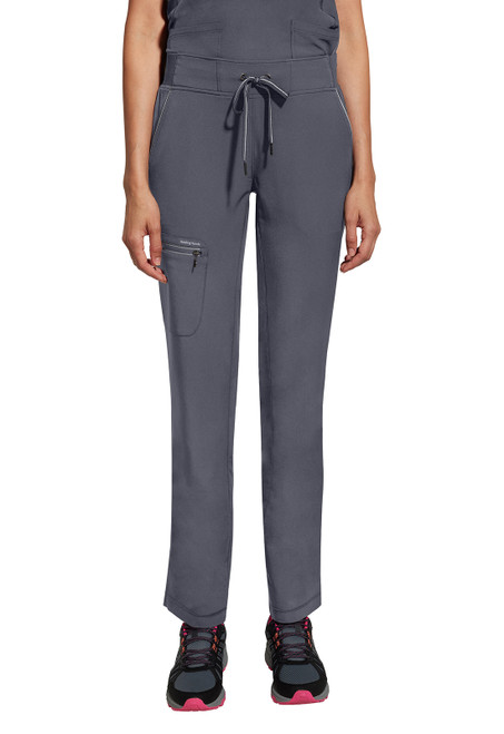 Mid-rise 360 Petite Nisha Pant: straight leg, rib knit waistband, multiple pockets. Made from 55% recycled polyester, 37% polyester, 8% spandex. Ideal for medical uniforms and nurse scrubs, offering comfort and practicality.
