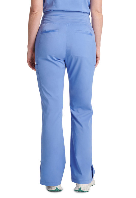 Back view of HH Purple Label Petite Tina Pant: modern bootcut medical scrubs with a high-rise yoga waistband. Features eight pockets, knee seams, and breathable fabric, ideal for busy healthcare professionals seeking comfort and style.