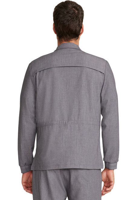 Back View of HH Quest Austin Men's Zip Front Utility Jacket HH361 - This image shows the Austin Men's Zip Front Utility Jacket, part of the medical uniforms, nurse scrubs, and medical scrubs collections. Designed for healthcare professionals, it features a stand-up collar, four practical pockets, and a bungee cord adjustable waist. Made from a soft four-way stretch fabric with moisture-wicking properties, this jacket ensures comfort and flexibility during long shifts. Ideal for layering over scrubs, it combines style and functionality for daily wear in demanding environments.