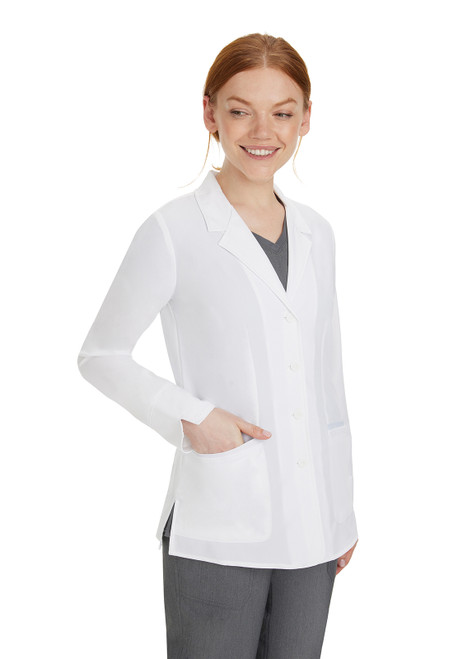 HH White Coat Felicity Labcoat: stylish medical uniform with 77% polyester, 18% rayon, 5% spandex. Features 360Â° stretch, relaxed fit, button closure, and four pockets.