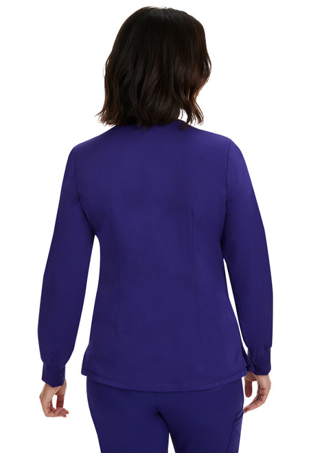 Back view of HH Works Megan Jacket: stylish, functional for medical uniforms. Made of 91% polyester, 9% spandex. 27" back length, 4 pockets for tools. Ideal for healthcare professionals.
