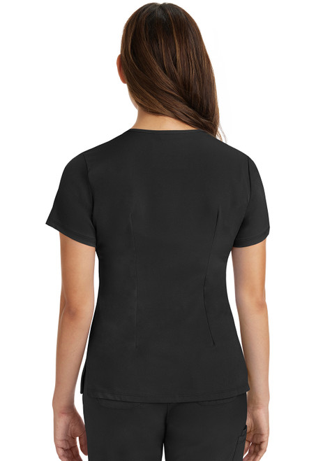 The HH Works Monica Top, with a V-neck, is made of 91% polyester and 9% spandex. This fitted short sleeve scrub top features princess seams, back darts, and pockets, offering a streamlined look for medical uniforms.