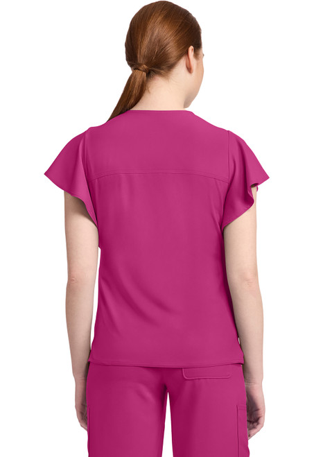 Back View of MC Insight Women's 2-Pocket Flutter Sleeve V-Neck MC611, elegant medical uniforms for healthcare professionals. This V-neck scrub top features flutter sleeves, functional front pockets, and a 24" back length, combining style and comfort in nurse scrubs and medical scrubs.