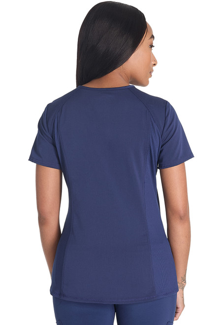 Back View of Balance V-Neck Top DK834, contemporary medical uniforms designed for healthcare professionals. This women's V-neck top features stretchy rib-knit trim, four convenient pockets, and a 26" back length, combining style and functionality in nurse scrubs and medical scrubs.