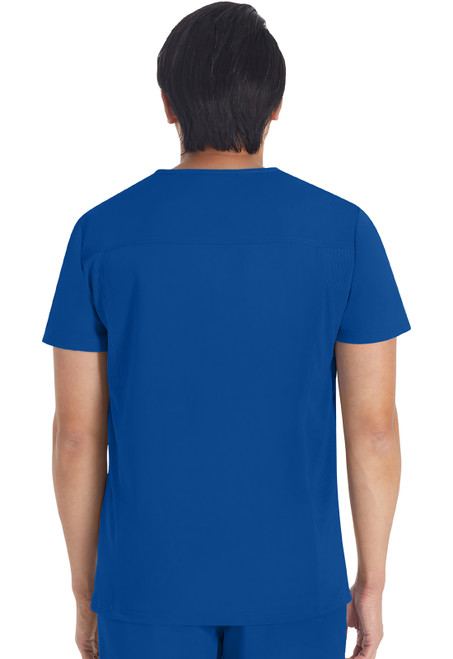 Back View of Balance Men's V-Neck Top DK672, stylish and functional medical uniforms for healthcare professionals. This men's V-neck top features short sleeves, a chest pocket, and multiple patch pockets, ensuring comfort and practicality in nurse scrubs and medical scrubs.