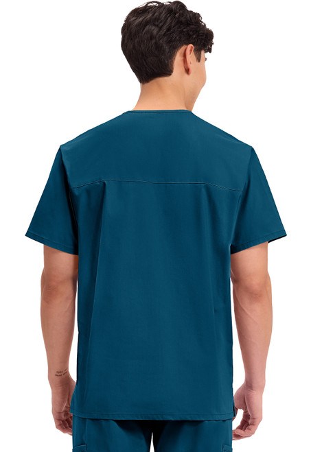 Back View of WW Professionals Men's V-Neck Top WW695, classic medical uniforms designed for healthcare professionals. These functional nurse scrubs feature a V-neck, short sleeves, multiple pockets, a hidden instrument loop, and side vents for enhanced breathability and comfort during long shifts.