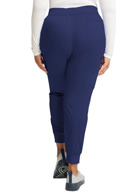 WW Revolution Mid Rise Jogger WW115: Modern medical scrubs with a tapered leg, knit cuffs, and flexible fabric. Features five pockets and a customizable waistband for style and functionality. Ideal for healthcare professionals' daily routines.