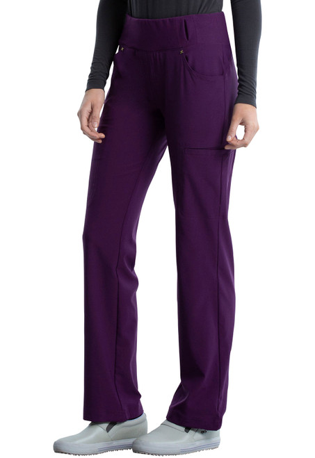 Cherokee iFlex Mid Rise Straight Leg Pull-on Pant CK002: Contemporary fit with knit waistband and bungee cords. Made of 94% polyester, 6% spandex. Durable with multiple pockets. Ideal for medical uniforms.