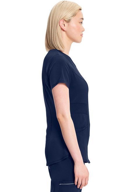 Infinity V-Neck Top: Stylish medical scrubs for healthcare pros. Made of 95% polyester, 5% spandex. Includes pockets, bungee ID loop, side vents. Designed for comfort and functionality on busy days.