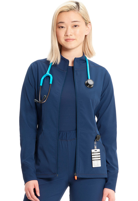 Infinity GNR8 Zip Front Jacket for healthcare professionals: 91% Polyester, 9% Spandex. Features stand-up collar, in-seam pockets, high-low hem for comfort and easy movement. Stylish and functional medical uniform.