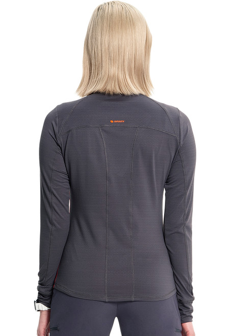 Back view of Infinity GNR8 Long Sleeve Underscrub: modern high-low hem, long sleeves with thumbholes, 88% polyester, 12% spandex. Ideal for nurse scrubs, offering moisture-wicking comfort and style.