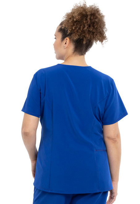 Back view of Allura Tuckable V-Neck Top: stylish, durable medical uniform with yoke seams, high side vents, and functional pockets. Perfect for nurses, combining elegance and practicality for demanding shifts.