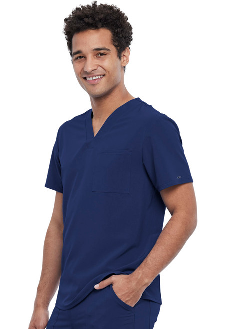 Allura Men's Tuckable V-Neck Top: Stylish, breathable medical uniform for healthcare workers. Features pockets for convenient storage, ensuring comfort during busy shifts.