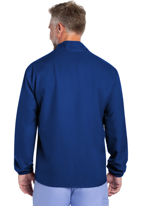 The WW Originals Ultra Men's Zip Front Jacket features a modern silhouette with a stand-up collar, high-low hem, 100% polyester fabric, spacious patch pockets, and tonal triple needle stitching, perfect for nurse scrubs and medical uniforms.