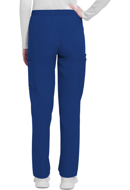 WW Originals Ultra Mid Rise Pull-on Slim Leg Cargo Pant features an elastic waistband for comfort, three pockets (two cargo), and is made from durable, soft 100% polyester, perfect for healthcare professionals.