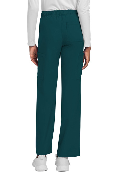 Back view of WW Originals Ultra Unisex Mid Rise Drawstring Straight Pant: 100% durable polyester scrubs with cargo and back patch pockets. Designed for comfort and practicality for busy healthcare professionals.