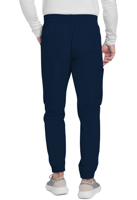 Back view of WW Originals Ultra Tall Men's Mid Rise Jogger CK278AT: stylish medical uniform with elastic waistband, drawstring, pockets, and tapered leg for a modern look, ideal for healthcare professionals.