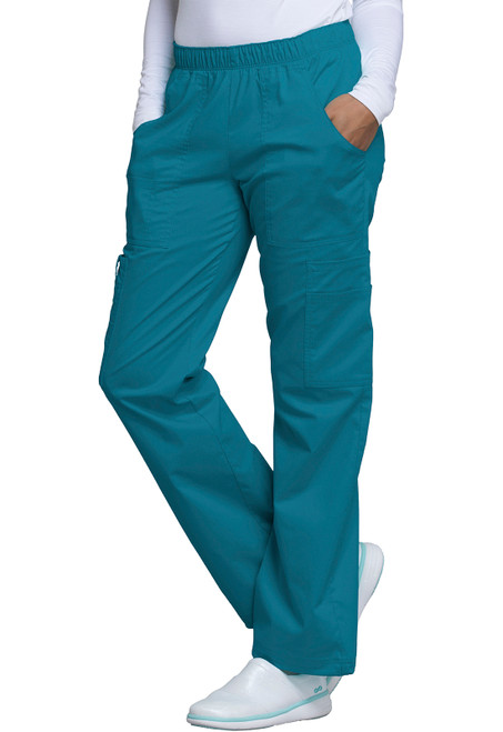 Left view of WW Core Stretch Mid Rise Pull-On Cargo Pant: mid-rise, elastic waist, double cargo pockets, adjustable hems. Stylish and functional for healthcare professionals.
