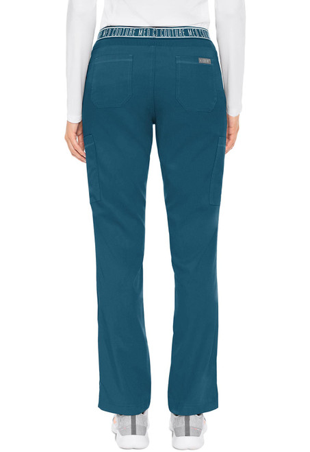 Back view of MC Touch Petite Yoga 2 Cargo Pocket Pant MC7739P: medical scrubs for healthcare professionals. Made of 76% polyester, 21% rayon, 3% spandex. Features rib-knit waistband, cargo pockets, and 29-inch inseam. Soft and stretchy for comfort.