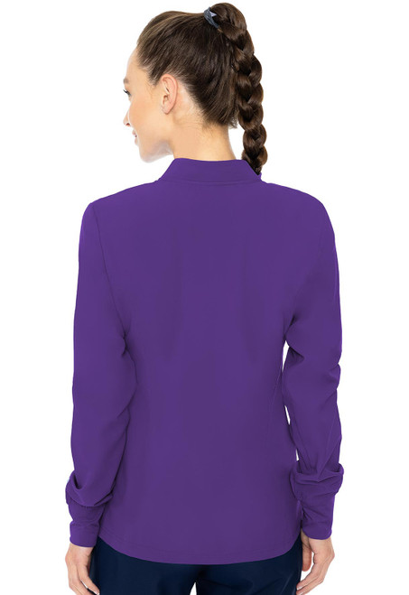 Back view of the MC Insight Zip Front Warm-Up jacket highlights stylish medical uniforms. Made from 100% polyester, it features a stand-up collar, long sleeves, patch pockets, and a tailored fit, ideal for comfortable nurse scrubs.