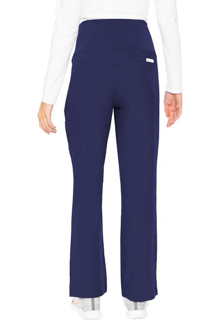 Back view of MC Touch Maternity Pant MC028: medical scrubs for healthcare professionals. Made of 76% polyester, 21% rayon, 3% spandex. Features high-rise waist, straight leg, and three pockets for storage.