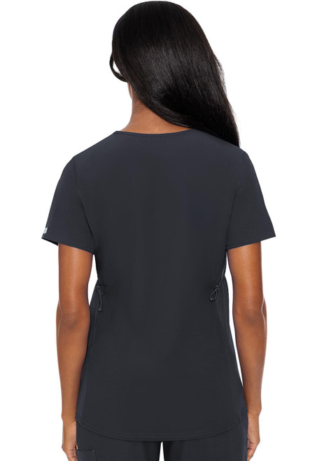 Back view of the MC Touch Maternity V-Neck Top (MC628) with a stylish curved hem. Made from 76% polyester, 21% rayon, 3% spandex for comfort and flexibility. Features adjustable sides and two patch pockets, perfect for medical uniforms and nurse scrubs.