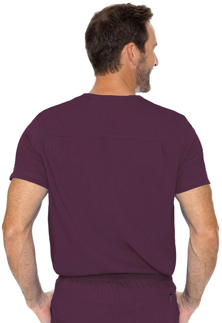 Back view of the Rothwear Touch Cadence One Pocket Top MC7478: This stylish scrub is ideal for healthcare professionals. Made of 76% polyester, 21% rayon, and 3% spandex, it ensures comfort, a flattering fit, and a secure chest pocket for essentials.