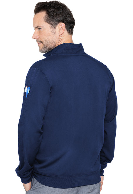 Back view of the Rothwear Touch Men's Warm-Up MC7678: a sleek performance jacket for medical uniforms. Made from 76% polyester, 21% rayon, 3% spandex, it includes long sleeves, a full zip, and pockets for tools. Ideal for nurse scrubs.