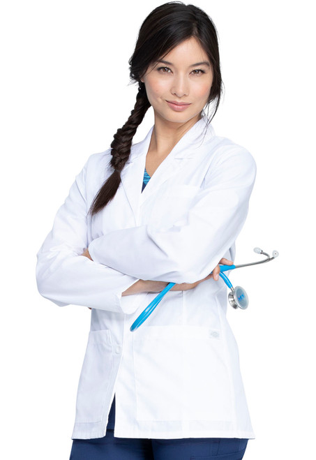EDS Professional Whites 28" Lab Coat: Stylish design with notched lapel, three-button closure, and practical pockets. Durable, offering comfort and professionalism for medical staff.