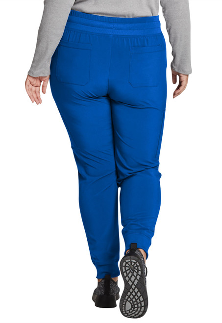 Back view of EDS Essentials Mid Rise Jogger: perfect scrubs for healthcare professionals. Features include rib-knit elastic waistband, six pockets, and contemporary fit, ensuring comfort and style for nurses and doctors during long shifts.