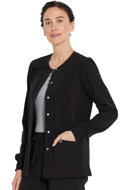 Modern fit EDS Essentials Snap Front Warm-up Jacket with snap front and two patch pockets. Ideal for layering over scrubs. Durable, flexible fabric ensures comfort and a polished look in busy healthcare settings.
