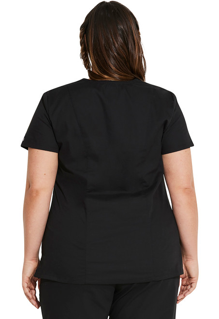 Back view of EDS Signature V-Neck Top: durable, breathable fabric with multiple pockets, instrument loops, pencil slots. Back princess seams, side vents for flexibility. Ideal for medical uniforms and nurse scrubs.