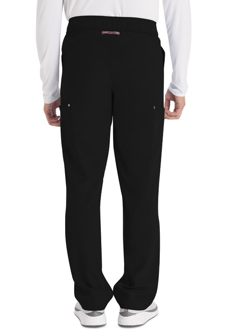 Back view of EDS NXT Men's Mid Rise Pant DK216: elastic waistband, zip fly, four pockets. Durable fabric offers comfort and flexibility, perfect for medical uniforms and long shifts.