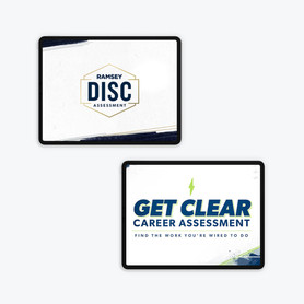 An image of two Ipads with Ken Coleman's Get Clear Career Assessment for Career Change and the Ramsey DISC Assessment