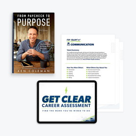 An image of Ken Coleman's From Paycheck to Purpose hardcover and the Get Clear Career Assessment