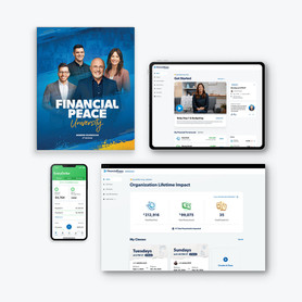 Financial Peace University (FPU) product screenshots, EveryDollar budgeting app screenshot on a mobile phone, the FPU physical workbook and the Church Impact Dashboard screen showing the progress church members have made towards paying off debt, saving money and more.
