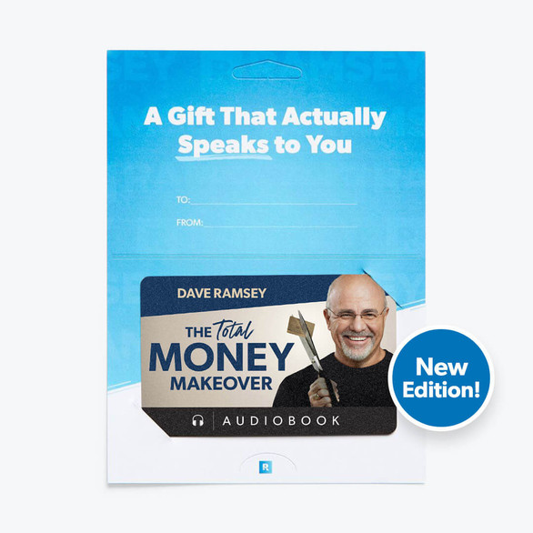 The Total Money Makeover audiobook gift card in holder that says "A Gift That Actually Speaks to You" with "New Edition!" callout