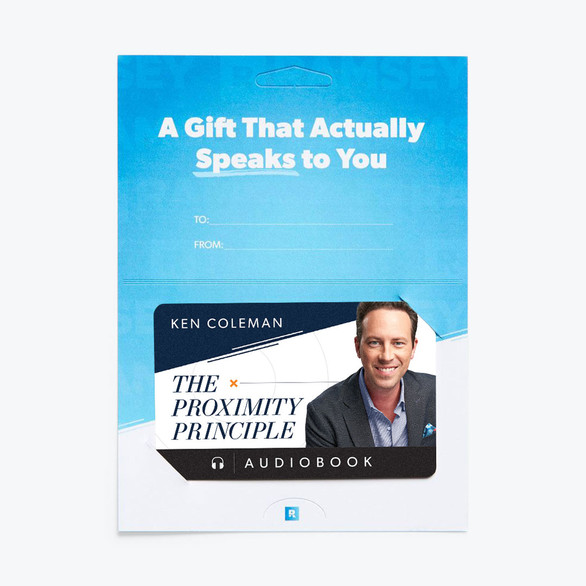 An image of  the audiobook gift card for The Proximity Principle by Ken Coleman inside its gift packaging