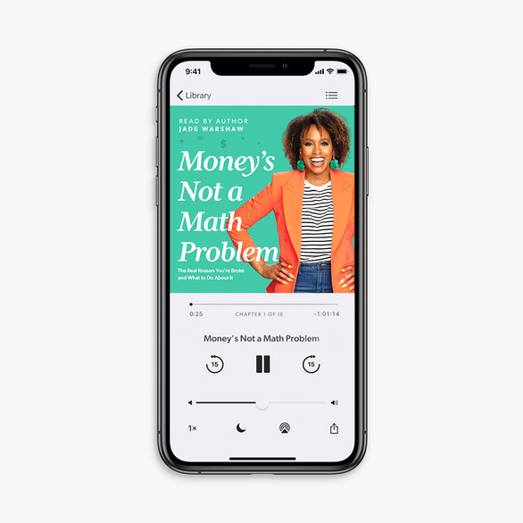 An image of the Money's Not a Math Problem (Audiobook) by Jade Warshaw pulled up on a phone.