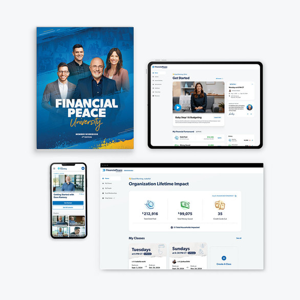 Financial Peace University (FPU) product screenshots, EveryDollar budgeting app screenshot on a mobile phone, the FPU physical workbook and the Church Impact Dashboard screen showing the progress church members have made toward paying off debt, saving money and more