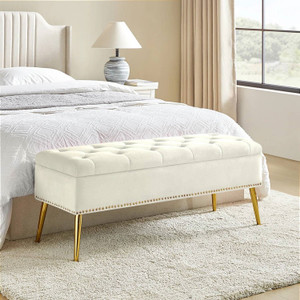 Mid-Century Modern Bed Storage Bench with Ivory Velvet Seat and Gold Legs Q280-KUFSBI1429462584 Mid-Century Modern Bed Storage Bench with Ivory Velvet Seat and Gold Legs Q280-KUFSBI1429462584